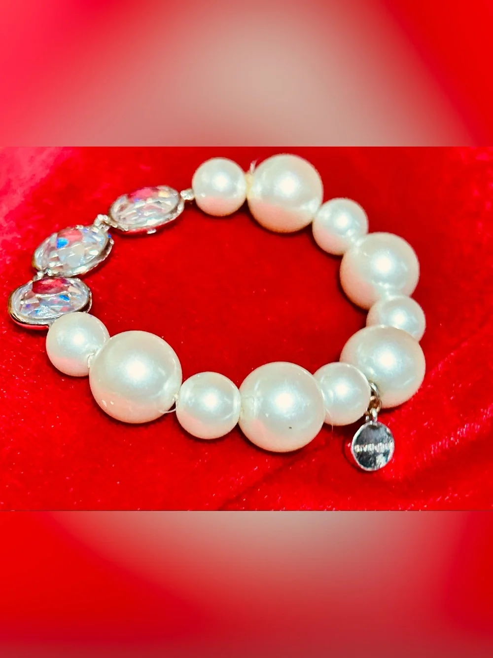 Vintage Givenchy White Pearl Stretch Bracelet  with Crystals